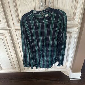 LOFT Plus Green and Blue Plaid Long Sleeve Button Back Mock Neck Blouse